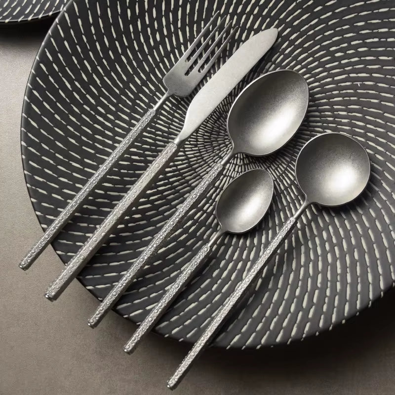 5Pcs Creative Cutlery Set 304 Stainless Steel Retro Matte Tableware Steak Forks Spoons Dinnerware Flatware ​Dishwasher Safe Gift