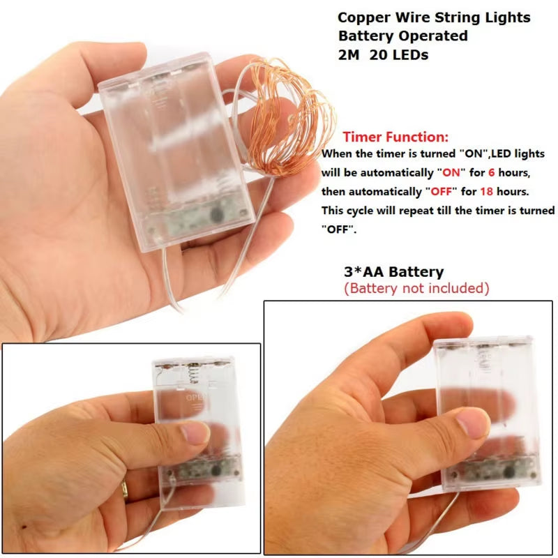 LED Battery Operated Fairy Lights 2M 20 Bulbs Christmas Mariage Party Wedding Decorations Timer Copper Wire Fairy String Lights