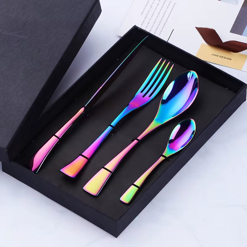 4 PCS Flatware Box Cutlery Stainless Steel Dinnerware Set Rainbow Colorful Silverware Tableware Hotel Party Kitchen Gift Talher
