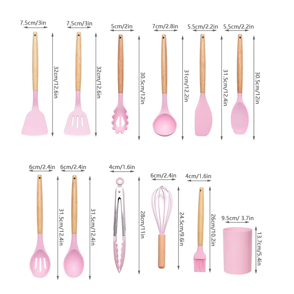 12Pcs/Set Silicone Kitchen Utensils with Holder Wooden Handle Non Stick Pot Kitchenware Kit Heat Resistant Cookware Tools