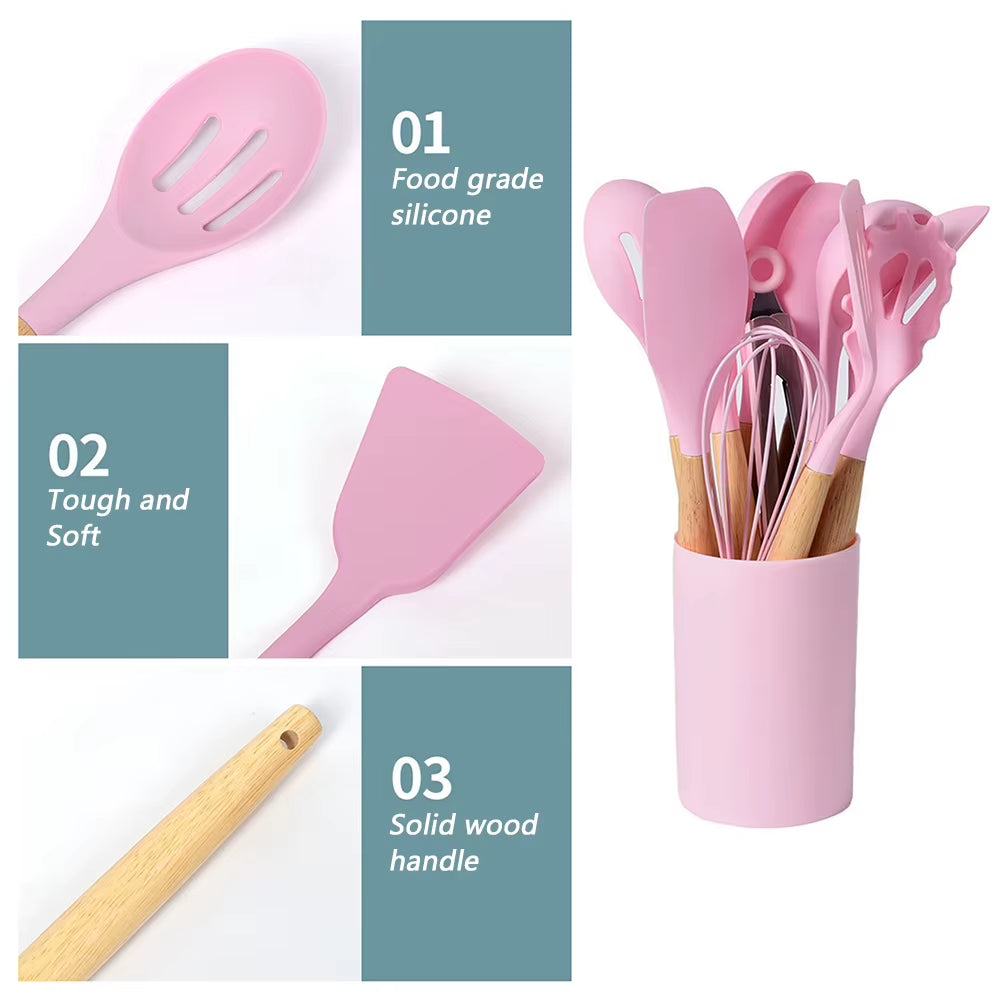 12Pcs/Set Silicone Kitchen Utensils with Holder Wooden Handle Non Stick Pot Kitchenware Kit Heat Resistant Cookware Tools