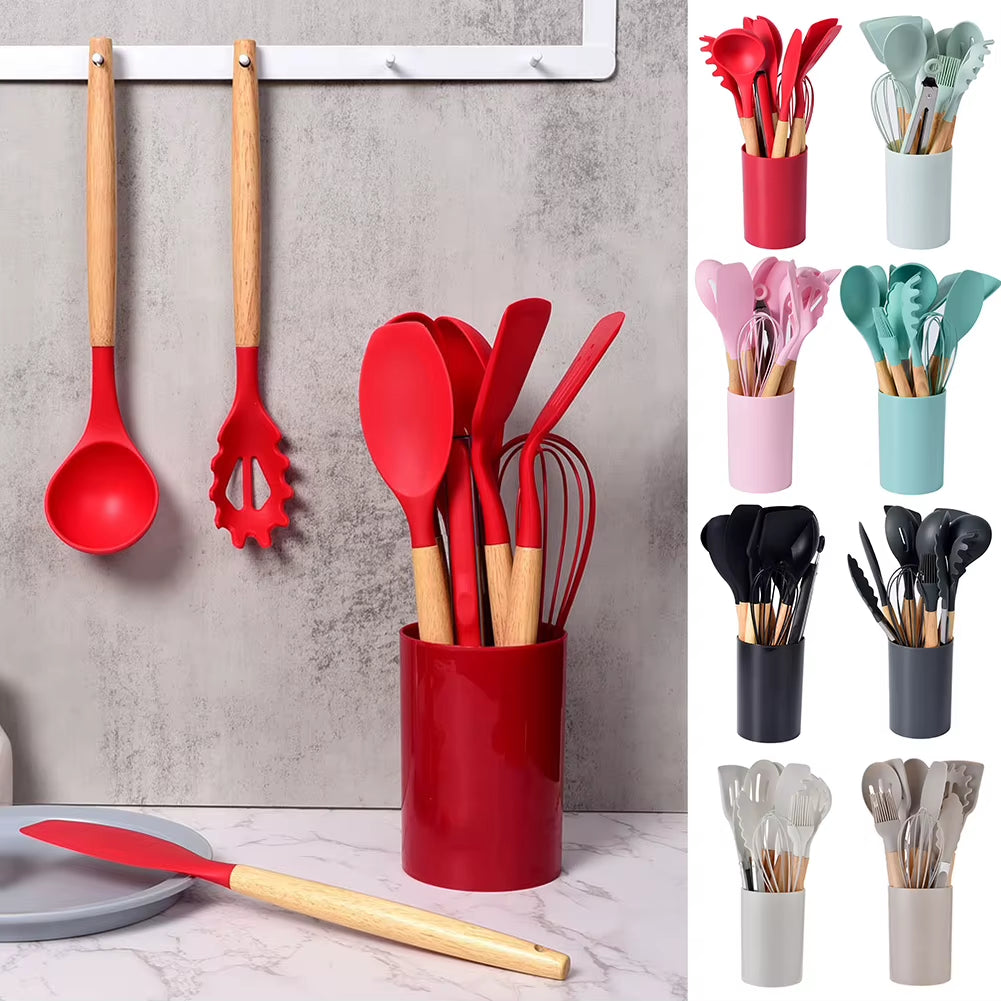 12Pcs/Set Silicone Kitchen Utensils with Holder Wooden Handle Non Stick Pot Kitchenware Kit Heat Resistant Cookware Tools