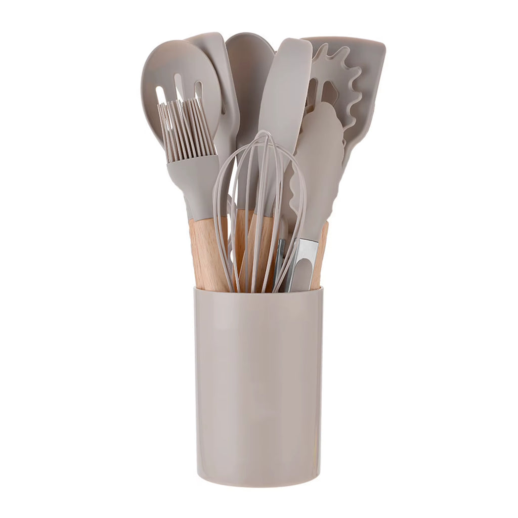 12Pcs/Set Silicone Kitchen Utensils with Holder Wooden Handle Non Stick Pot Kitchenware Kit Heat Resistant Cookware Tools