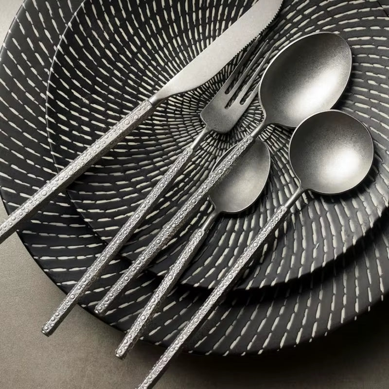 5Pcs Creative Cutlery Set 304 Stainless Steel Retro Matte Tableware Steak Forks Spoons Dinnerware Flatware ​Dishwasher Safe Gift
