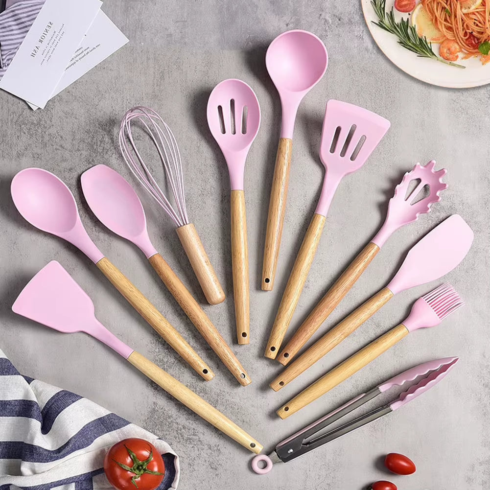 12Pcs/Set Silicone Kitchen Utensils with Holder Wooden Handle Non Stick Pot Kitchenware Kit Heat Resistant Cookware Tools