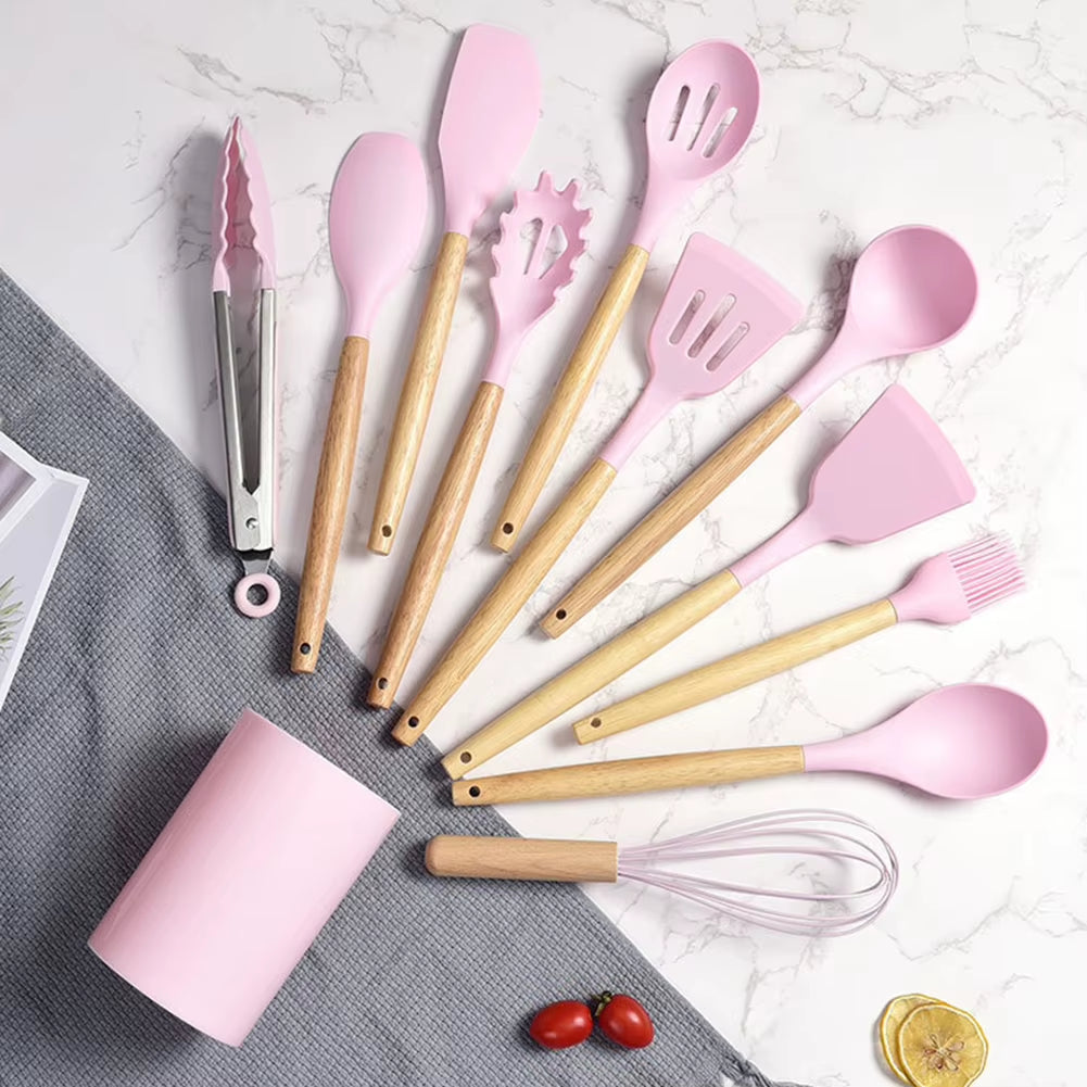 12Pcs/Set Silicone Kitchen Utensils with Holder Wooden Handle Non Stick Pot Kitchenware Kit Heat Resistant Cookware Tools