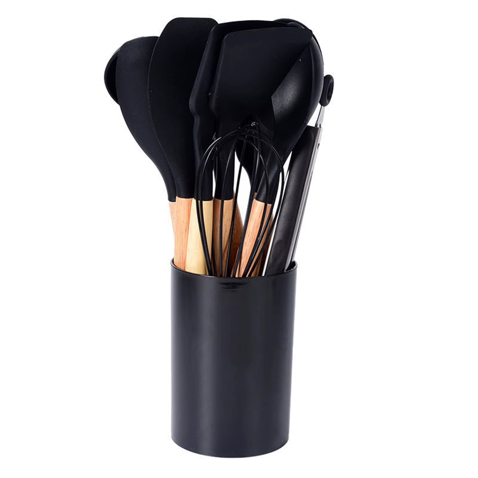 12Pcs/Set Silicone Kitchen Utensils with Holder Wooden Handle Non Stick Pot Kitchenware Kit Heat Resistant Cookware Tools