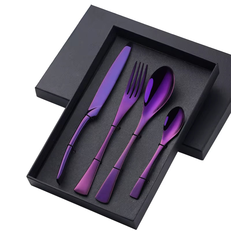 4 PCS Flatware Box Cutlery Stainless Steel Dinnerware Set Rainbow Colorful Silverware Tableware Hotel Party Kitchen Gift Talher