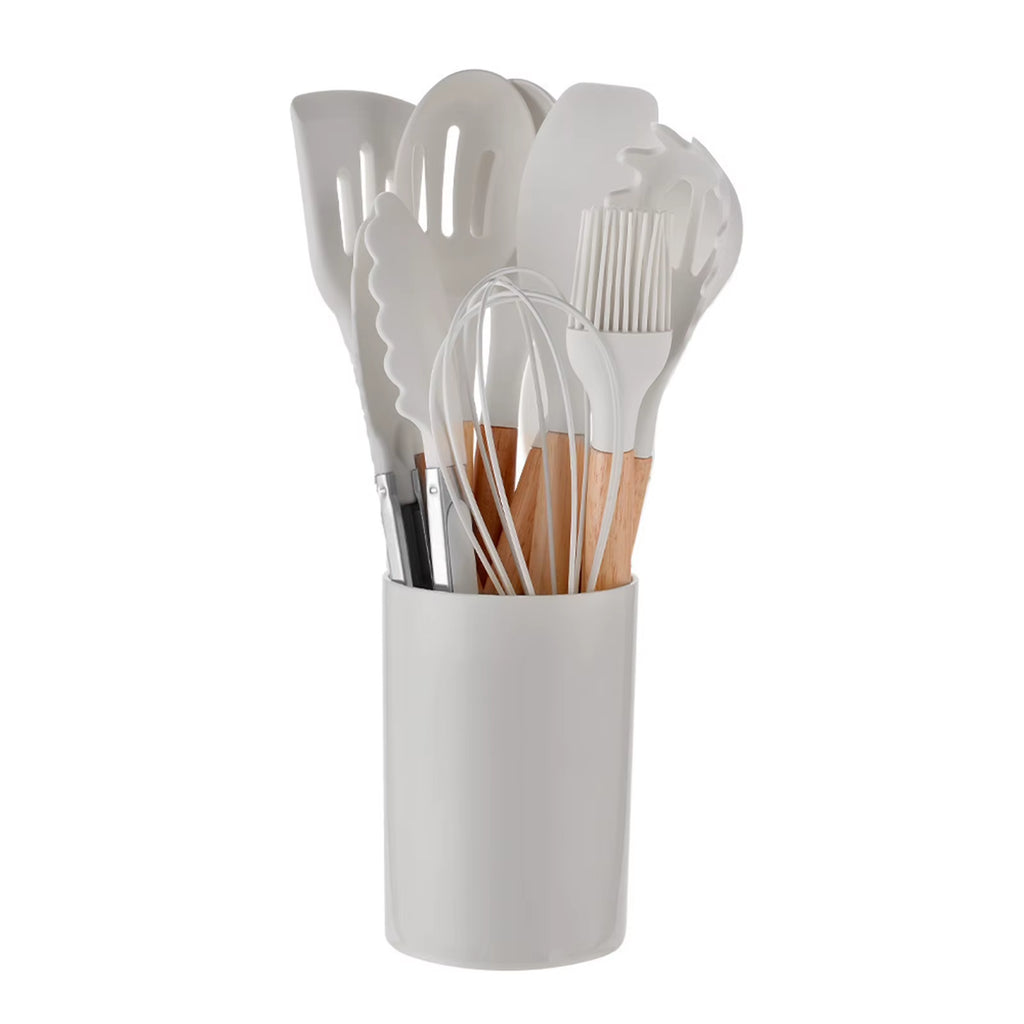 12Pcs/Set Silicone Kitchen Utensils with Holder Wooden Handle Non Stick Pot Kitchenware Kit Heat Resistant Cookware Tools