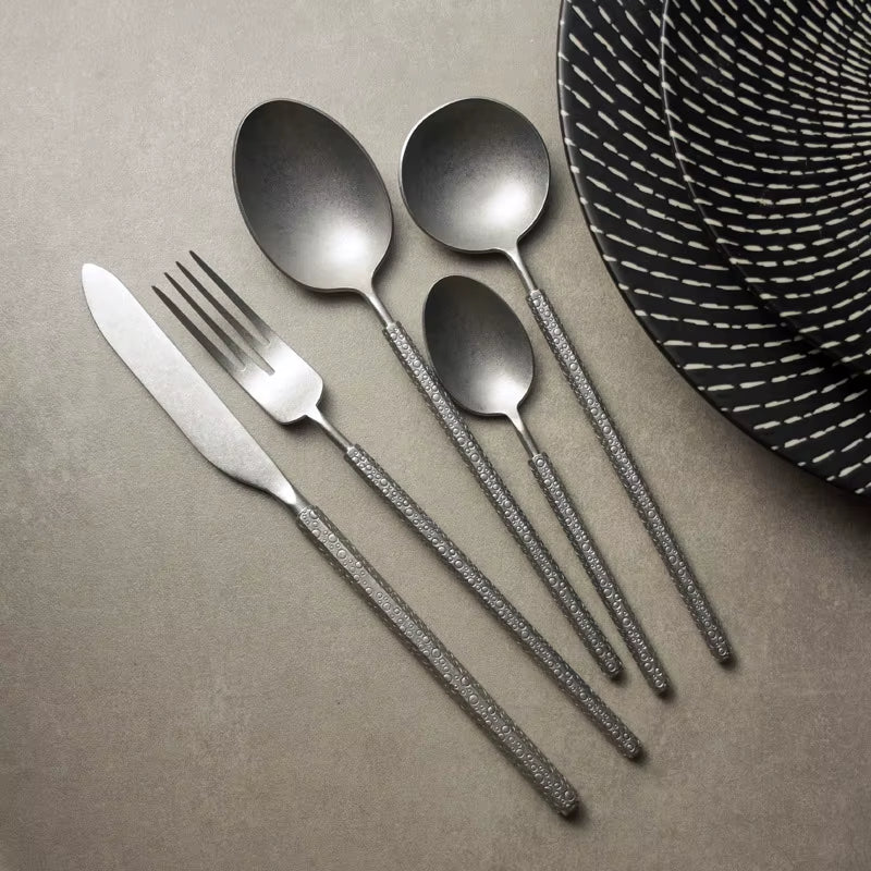 5Pcs Creative Cutlery Set 304 Stainless Steel Retro Matte Tableware Steak Forks Spoons Dinnerware Flatware ​Dishwasher Safe Gift