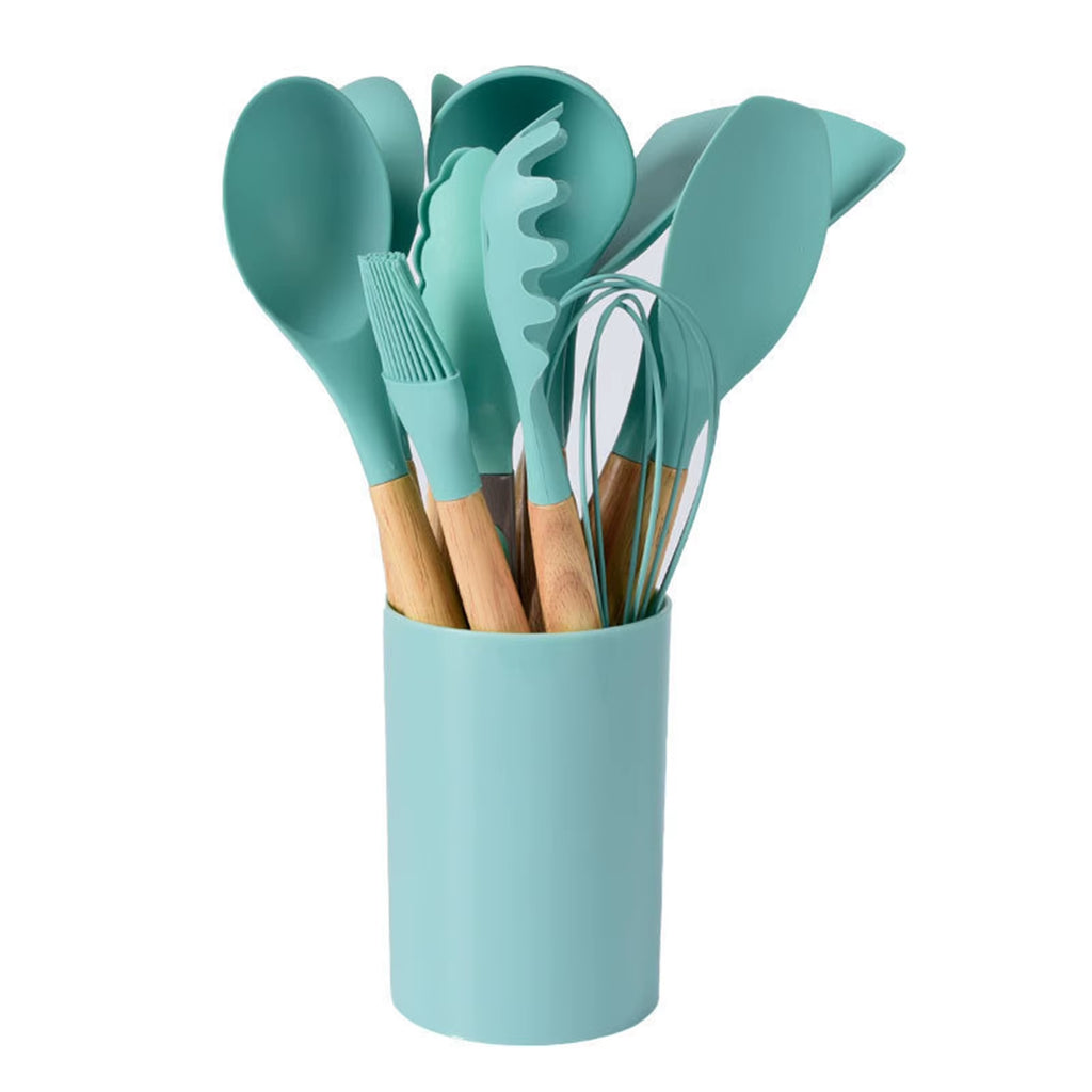 12Pcs/Set Silicone Kitchen Utensils with Holder Wooden Handle Non Stick Pot Kitchenware Kit Heat Resistant Cookware Tools