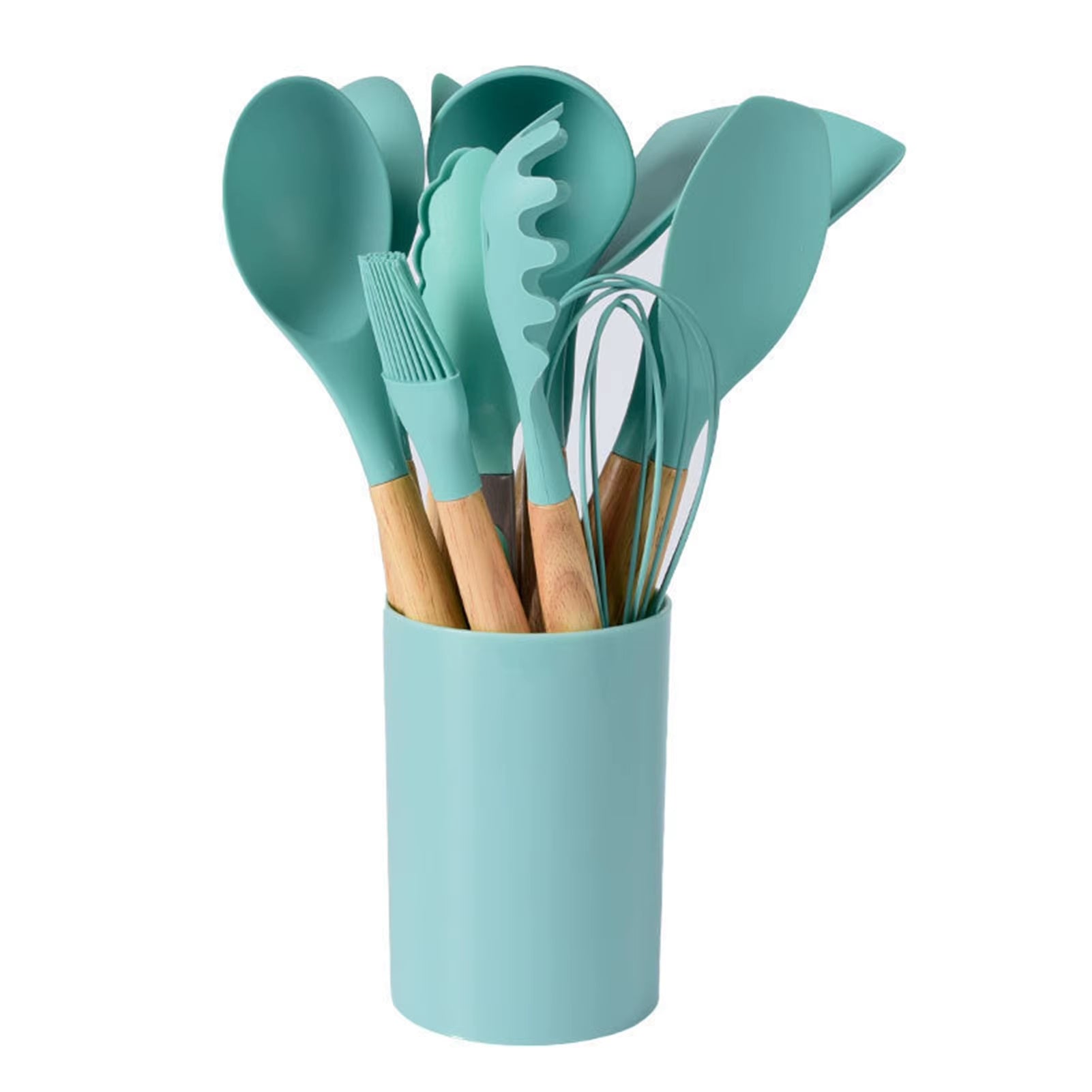 12Pcs/Set Silicone Kitchen Utensils with Holder Wooden Handle Non Stick Pot Kitchenware Kit Heat Resistant Cookware Tools