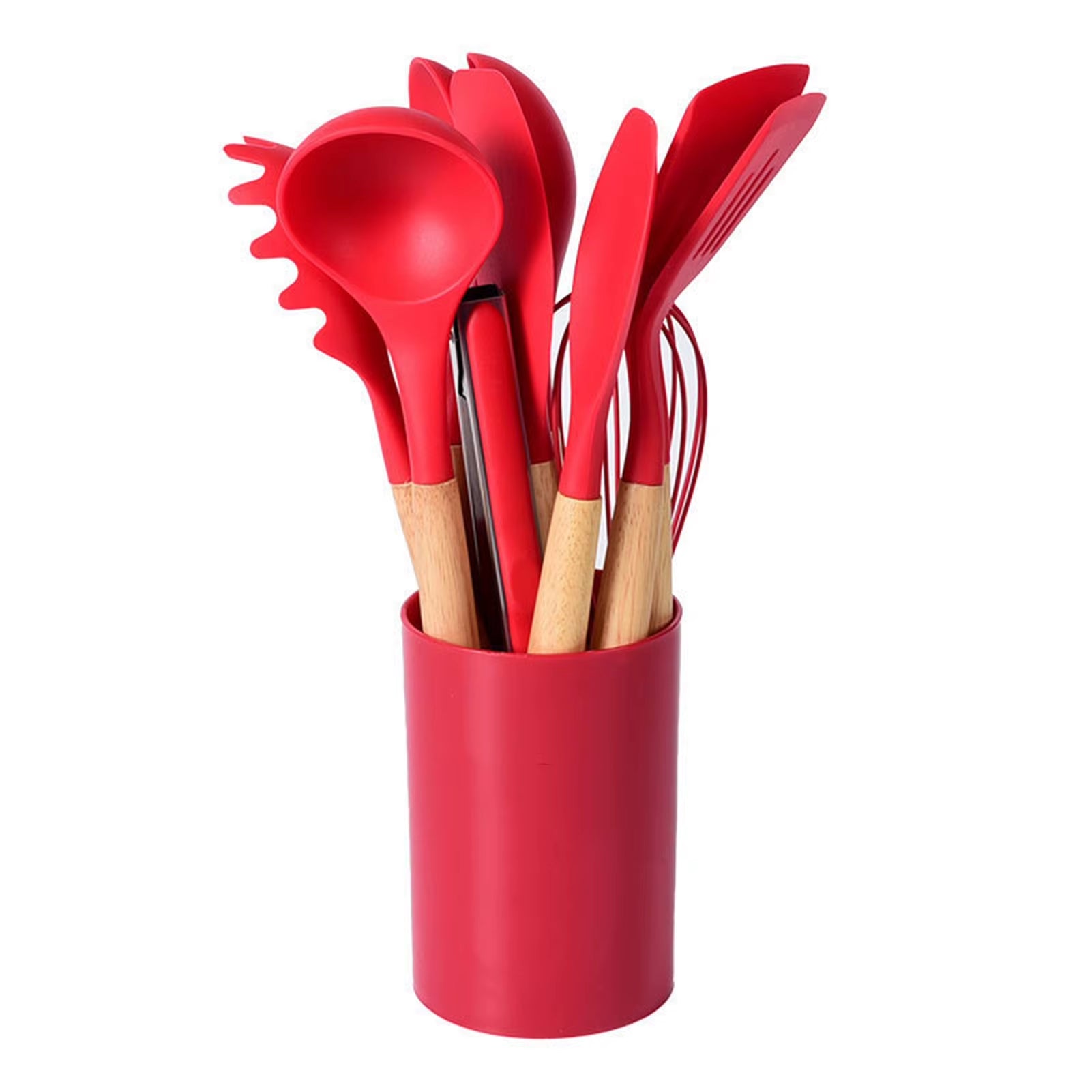 12Pcs/Set Silicone Kitchen Utensils with Holder Wooden Handle Non Stick Pot Kitchenware Kit Heat Resistant Cookware Tools
