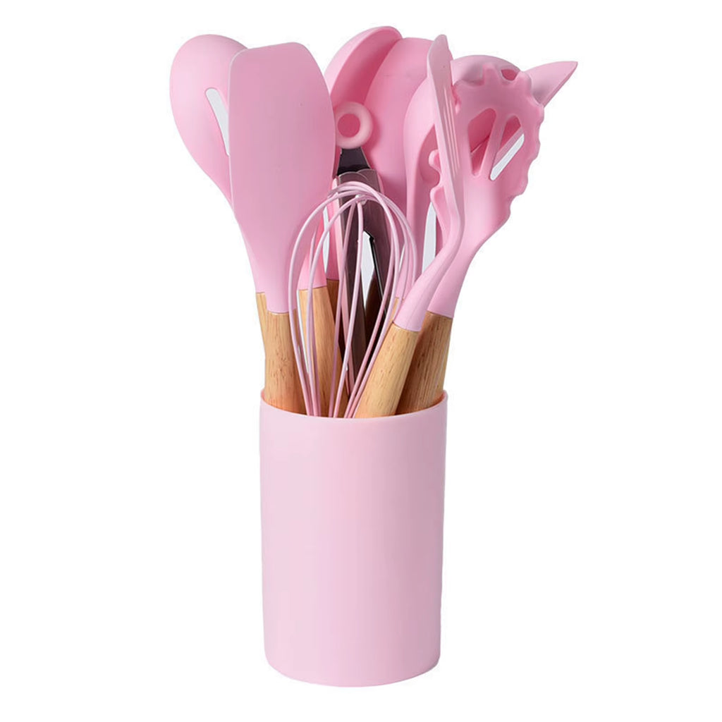 12Pcs/Set Silicone Kitchen Utensils with Holder Wooden Handle Non Stick Pot Kitchenware Kit Heat Resistant Cookware Tools