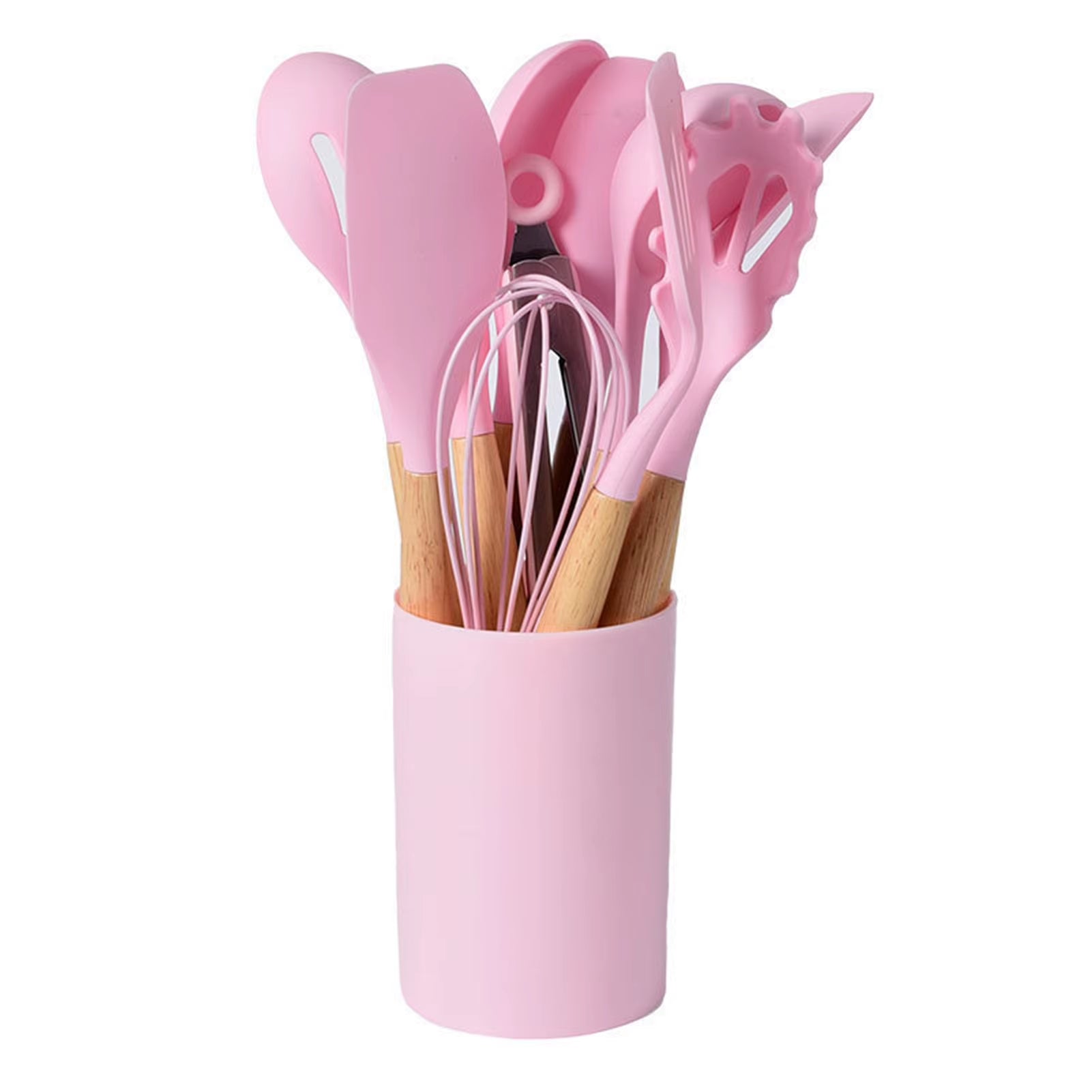 12Pcs/Set Silicone Kitchen Utensils with Holder Wooden Handle Non Stick Pot Kitchenware Kit Heat Resistant Cookware Tools