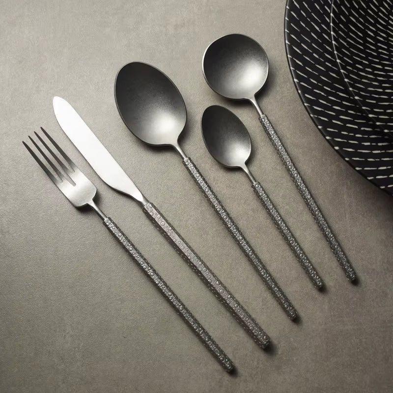 5Pcs Creative Cutlery Set 304 Stainless Steel Retro Matte Tableware Steak Forks Spoons Dinnerware Flatware ​Dishwasher Safe Gift